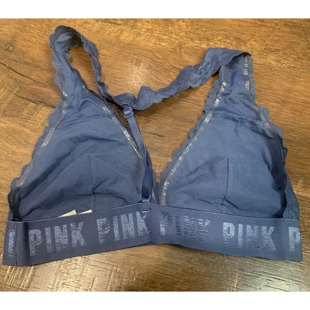 VICTORIAS SECRET PINK LACE STRAPPY BRALETTE HALTER NECK T BACK BLUE SIZE SMALL